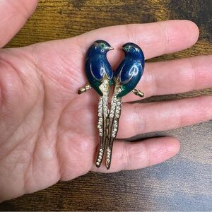Roman Love Birds Brooch Blue and Green Enamel with Rhinestones Gold Tone